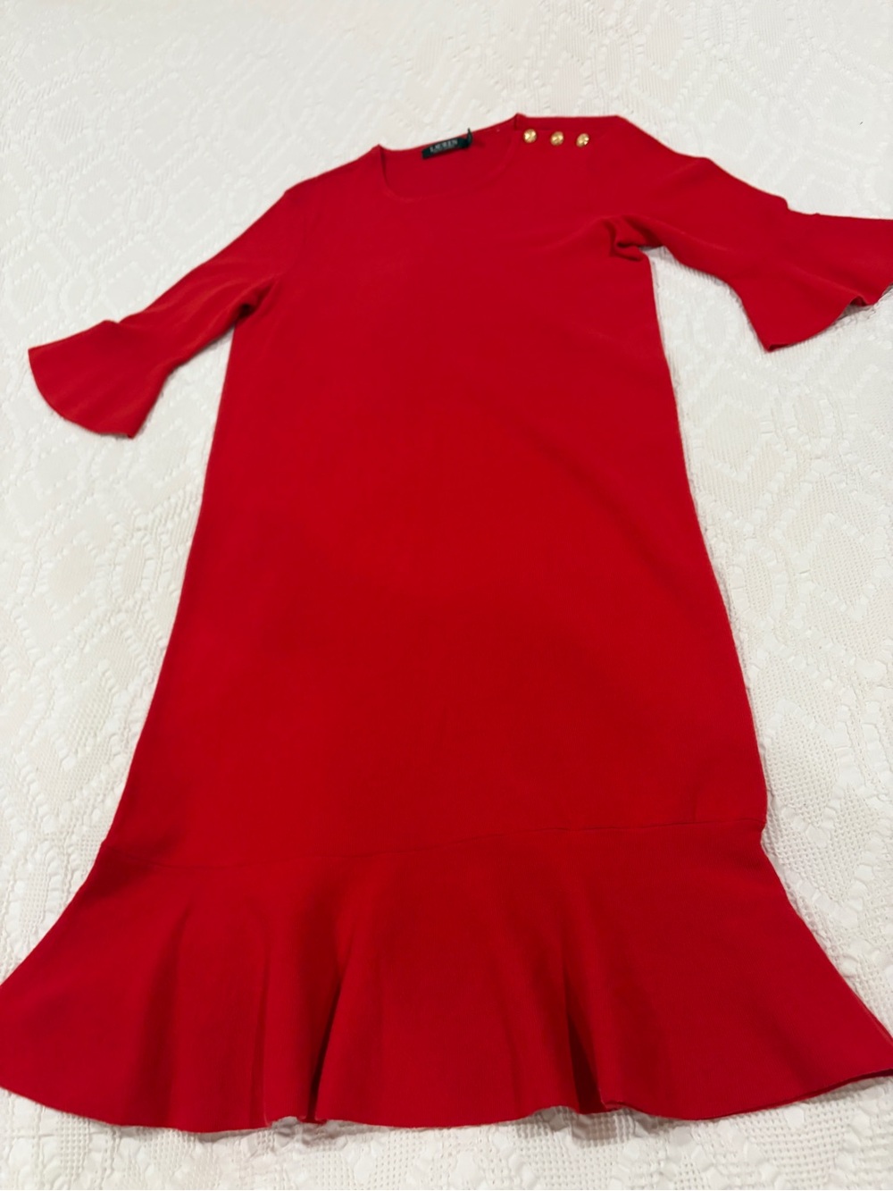Like New Ralph Lauren Red Knit Flounce Dress with Gold Buttons